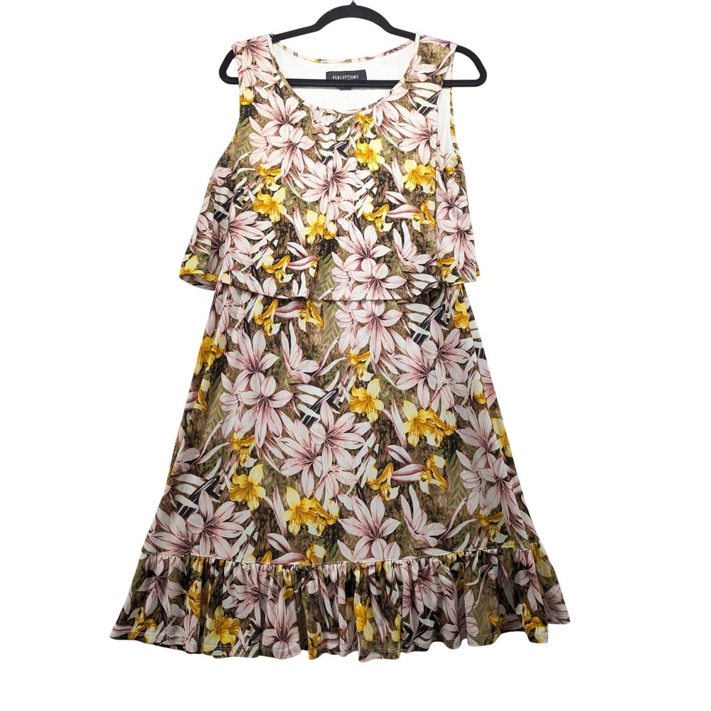 Perceptions New York Floral Popover Midi Dress Pink Yellow Lily Ruffle Hem Sz 10
